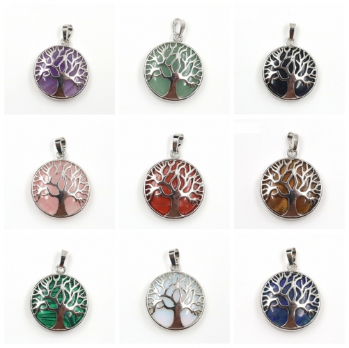 Round Charming Waterdrop Tree Of Life Pattern Gemstone Pendant