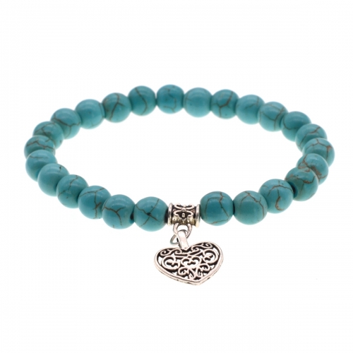 3 Style Natural Gemstone 8mm Beaded Bracelet Vintage Heart Charm Pendant Stretch Beads Bracelet Gifts for Women