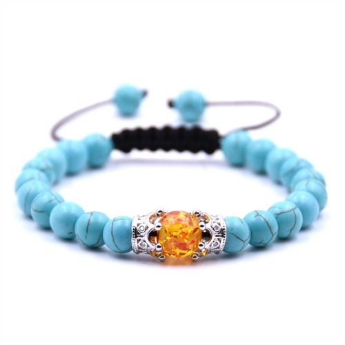 8MM Turquoise Double Crown Syn. Amber Beads Braided Bracelet
