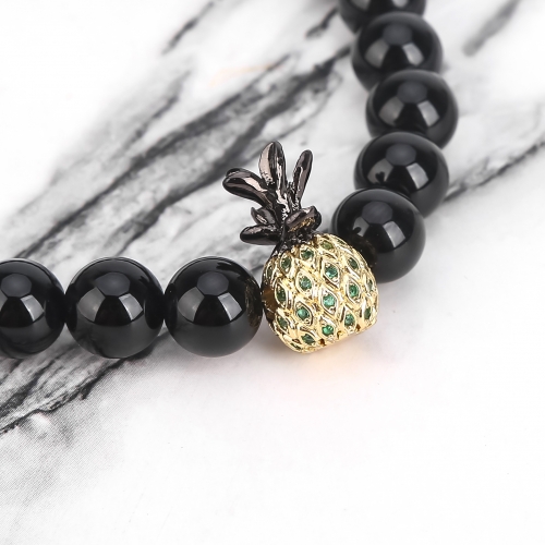 Pineapple Charm Bracelets for Lovers Black Onyx Agate 8mm Beads Bracelet Unisex