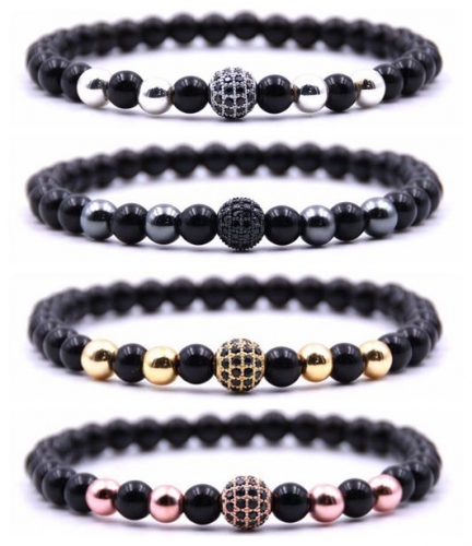 CZ Rhinestone  6MM Black Onyx Beads Bracelet