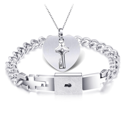 His and Hers Matching Set Couple Titanium"Only You Have My Key" Bangle Bracelet  and Necklace