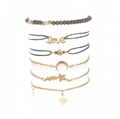 6pcs/Set Love Pentagram Moon Star Bracelets Women Bling Crystal Earth Beads Anklets Summer Jewelry Set
