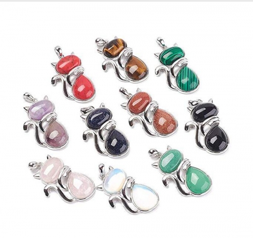 Silver Cate Stone Pendant Healing Crystal Necklace Animal Energy Chakra Amulet Handmade Jewelry for Women