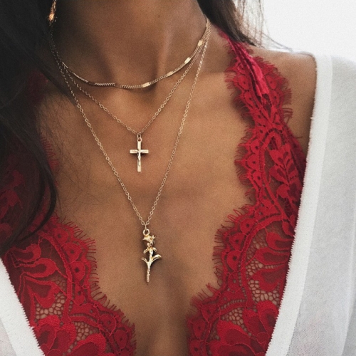 Layered Necklace Pendant Handmade Long Necklace for Women SN0883 Gold Cross Chain