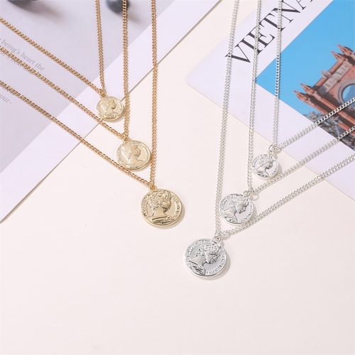 Multi-layer vintage metal necklace, collarbone chain, head coin, three-tier pendant necklace