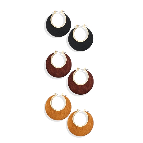 Retro classic solid color geometric C wooden hollow round earrings