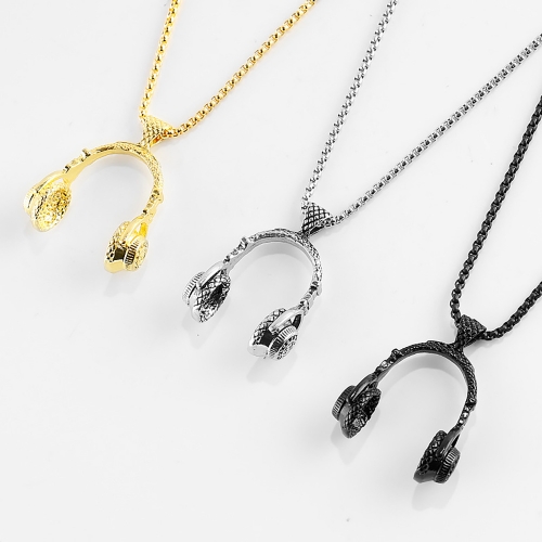 Men's Stainless Steel Music Headset DJ Headphone Pendant Biker Necklace, Gold/Black/Silver