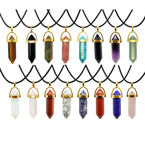 Gold/Silver Natural Gemstone Hexagonal Point Pendant Necklac with 45CM Black Cord