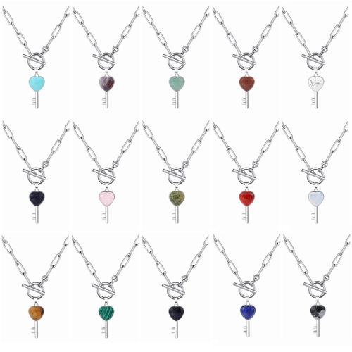 Gemstone Key Pendant Necklace with IQ Clasp Chunky Punk Chain Choker Cuban Link  Statement Jewelry for Women and Girls