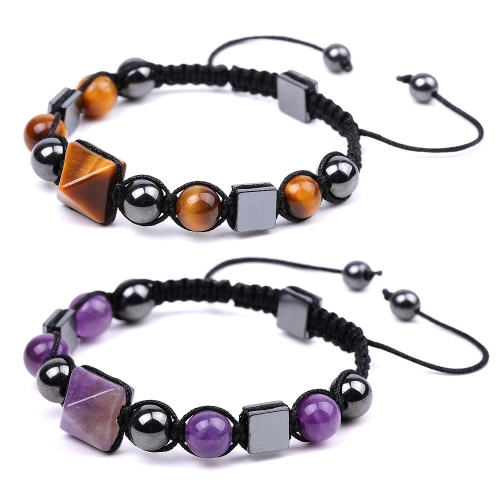 8mm Pyramid Beads With Natural Square Stone Braided Bracelet Handmade Healing Crystal Meditation Relax Anxiety For Women