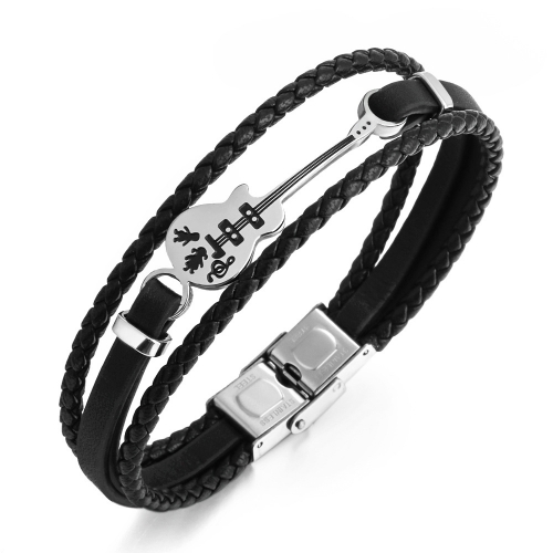 Fashion Genuine Leather Cord Bracelets Stainless Steel Guitar Charm And Clasp Black Jewelry For Men And Women Unisex Design