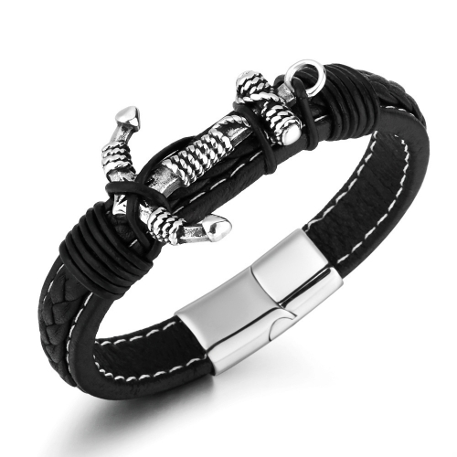 Men's Fashion Jewelry Stainless Steel Magnetic Buckle Black Cool Leather Anchor Bracelets