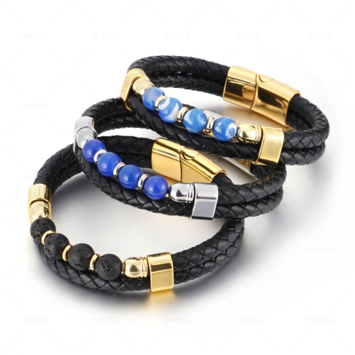 Bohemian Jewelry Bead Leather Lava Lapis Lazuli Bracelet Men's Women's Stainless Steel Natural Stone Rosary Bracelet Bangle