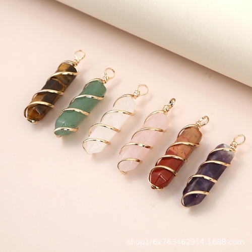 Hexagonal Column Quartz Necklace Pendant Natural Stone Healing Point Bullet Crystal Gold Silver Color Wire Wrapped Necklace