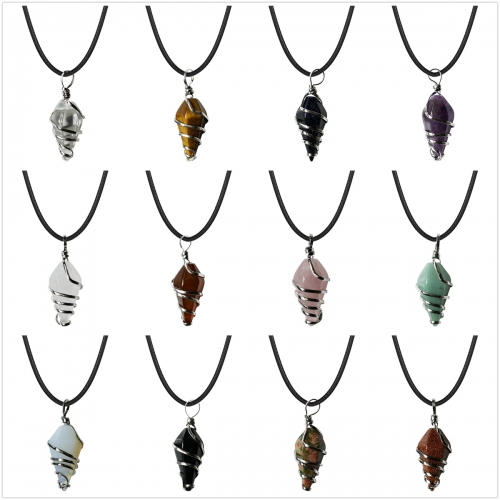 Wholesale Natural Crystal Hexagon Cone Wire Pendant Amethyst Tiger Eye Quartz Stone Pendant Necklace For Gift