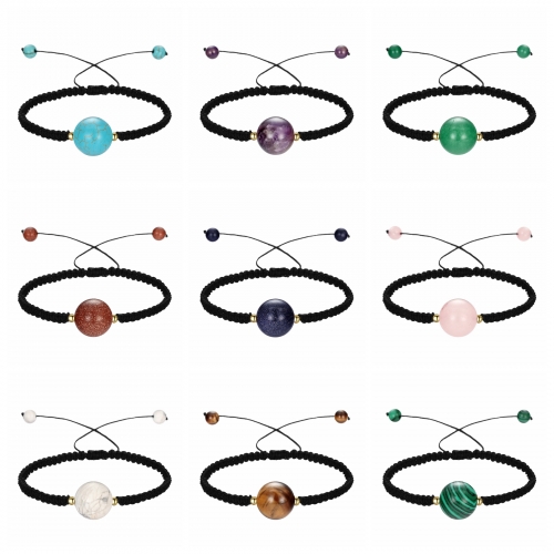 10mm Men Women Hand-Woven strands Beaded Lucky Chinese Knot Adjustable Rope Bracelets Natural Stone Black Onyx Ball Beads Braid Handmade Feng Shui