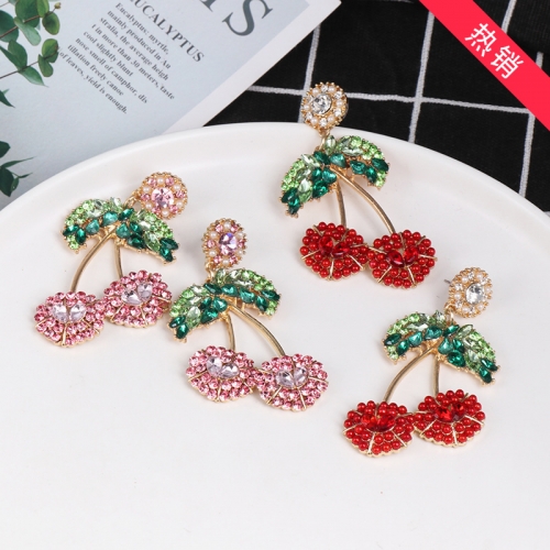 Hot Selling Gold Plated Statement Fruit Earring Jewelry Luxury Colorful Rhinestone Cherry Earrings For Women